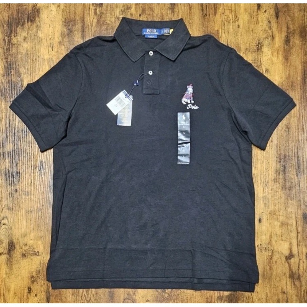 POLO RALPH LAUREN Husky‎ Dog-Embroidered Polo Shirt Classic Fit Black Large